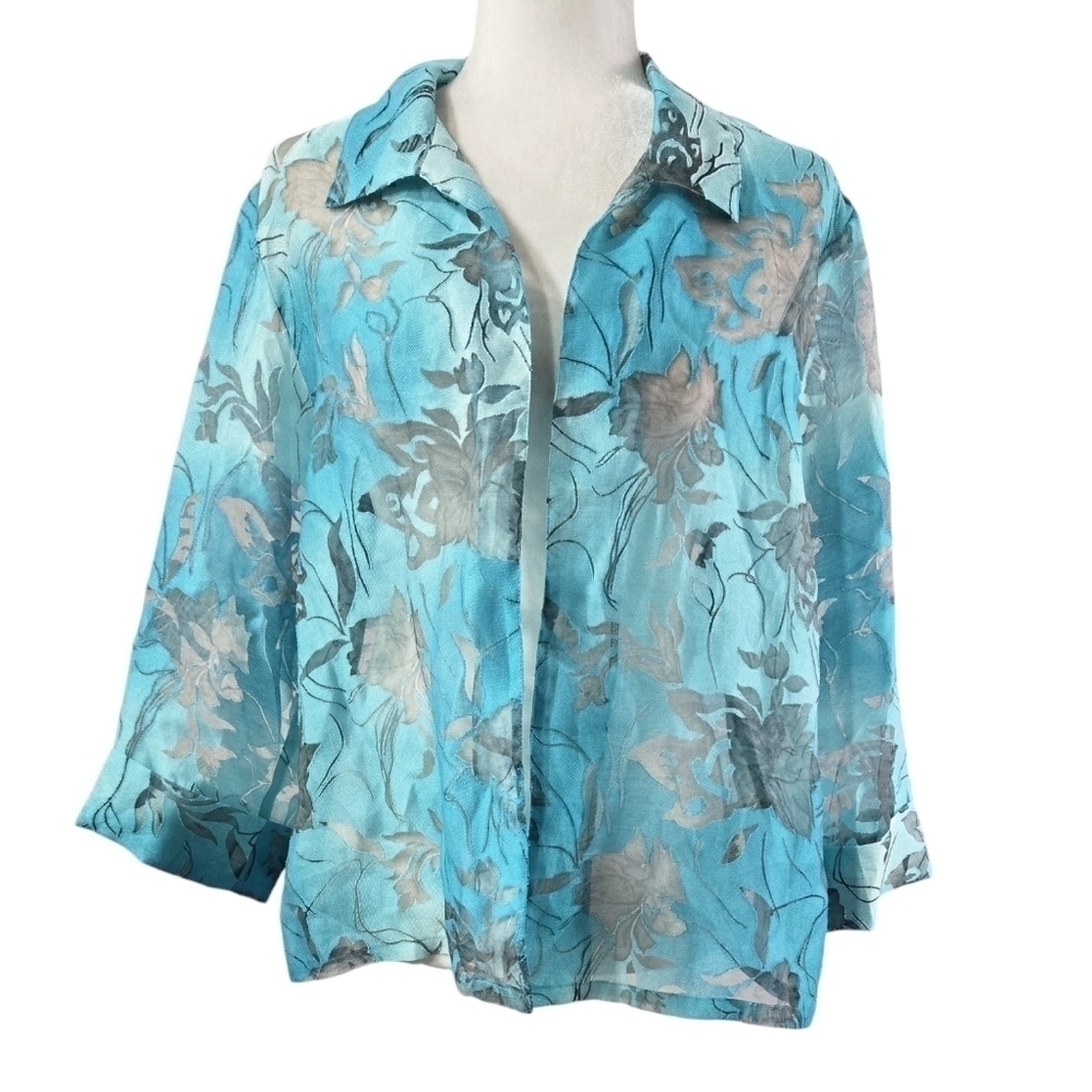 Chico's Blue Floral Ombre Mesh Sheer Open Front Lightweight Topper Jacket